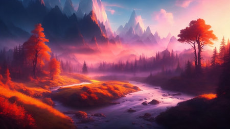 Fantasy landscape. Mountain river and forest at sunrise. 3d illustrationの素材
