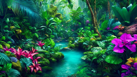 Tropical jungle with river and plants. 3D rendering.の素材