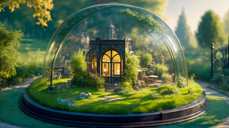 3D render of a garden with a glass dome and a lanternの素材