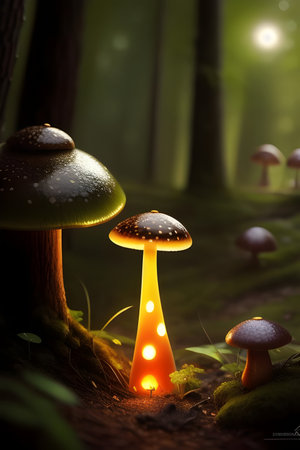 Magic mushrooms in the forest with a glowing lamp. 3D renderingの素材