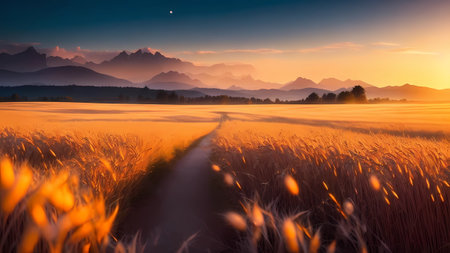 Sunset in the meadow with golden ears of wheat and mountains in the backgroundの素材