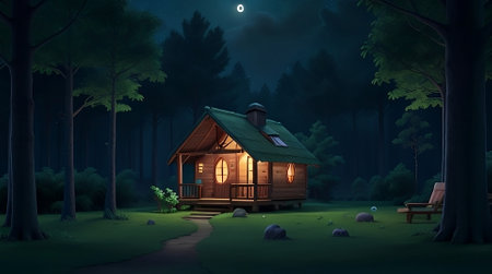 Wooden cottage in the forest at night. 3D rendering.の素材