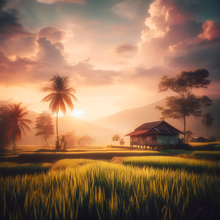 Tropical rice field with hut and coconut trees at sunset.の素材
