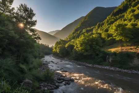 Sunrise on the mountain river in a beautiful summer landscape with green treesの素材