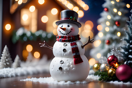 Snowman with Christmas decoration backgroundの素材
