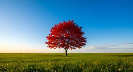 Beautiful autumn landscape with lonely red tree on meadow and blue skyの素材