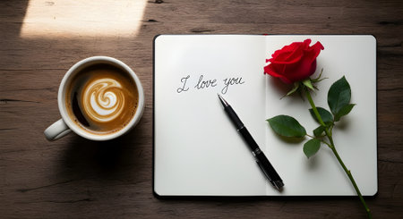 Coffee cup and notebook with word I love you on wooden tableの素材