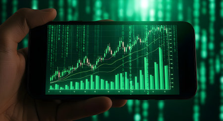 Smartphone with stock market chart on the screenの素材
