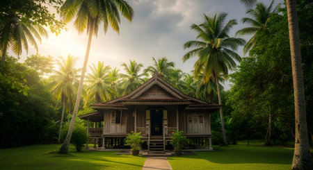 Beautiful wooden house in the garden with coconut tree at sunset.の素材