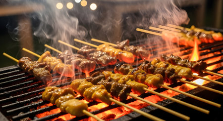 grilled meat skewers (Sate) on a barbecue grillの素材