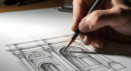 Architect drawing a blueprint of a house, close-up viewの素材