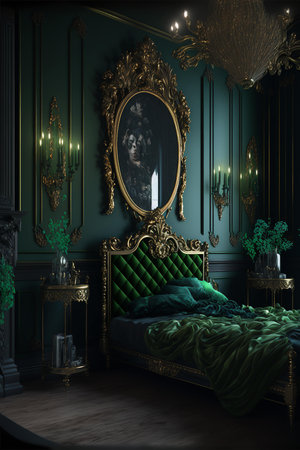 Luxury dark green bedroom interior. 3d render illustration.の素材