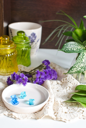 Flowers on the lace napkinの写真素材