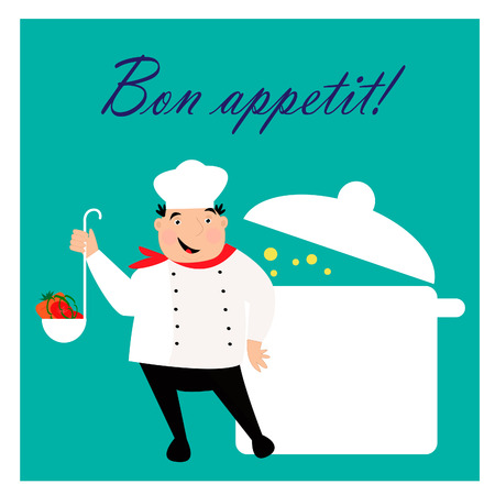 Happy cook with hat in uniform with pot of soup Vector illustration.のイラスト素材