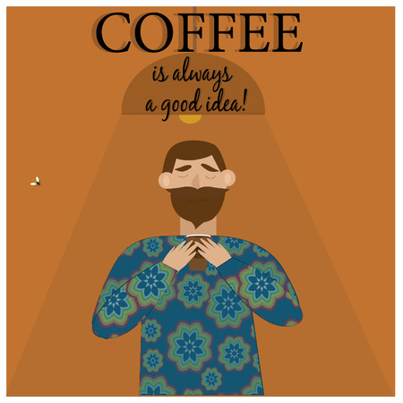 Young man character with cup of coffee. Vector illustration.のイラスト素材