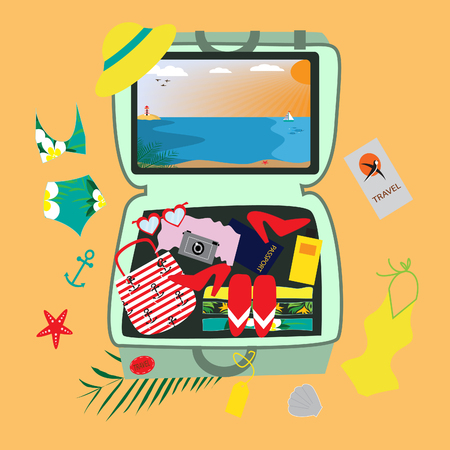 Illustration with a suitcase and accessories travel. Holidays on the beach concept.のイラスト素材