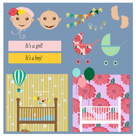 Set of baby shower invitation, greeting cards,poster, template. Vector illustrationsのイラスト素材