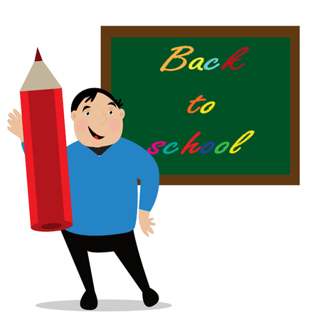 The teacher in the classroom standing near the blackboard. Card for Teacher s day or Knowledge day.のイラスト素材