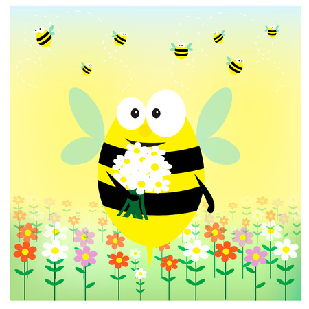Funny bee wuth bouquet on the meadow.のイラスト素材