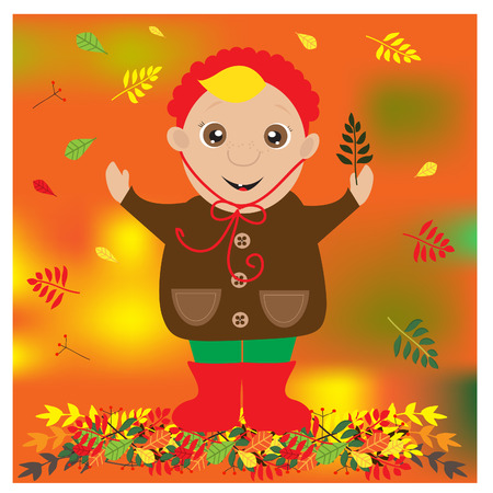 Autumn illustration with cute child with leaf in a hand. EPS 10.のイラスト素材