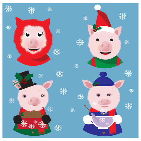 Christmas collection with funny pigs in capsのイラスト素材