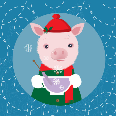 Cute pig in a cap drinking tea. Winter card.のイラスト素材