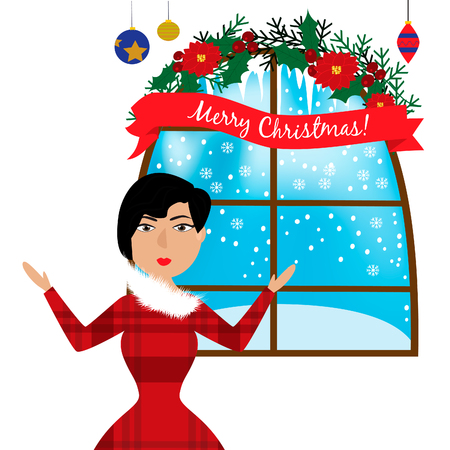 Smiling woman standing near window. Christmas concept.のイラスト素材