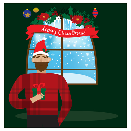 Smiling man in Santa red hat holding Christmas gift in hand. Christmas concept.のイラスト素材