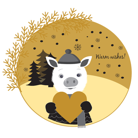 Cute pig in love. Pig boy standing in a winter forest and holding big gold heart.の写真素材