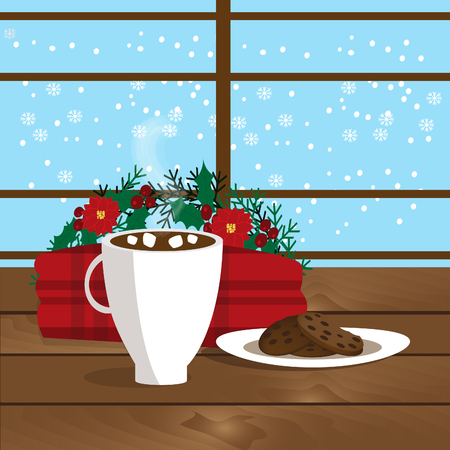 Christmas illustration of mug with hot cocoa, cookies on the plate and plaid near windowの写真素材