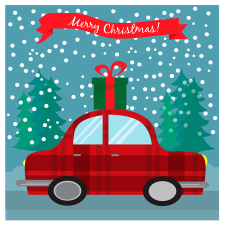 Greeting Christmas card with retro car with gift boxの写真素材
