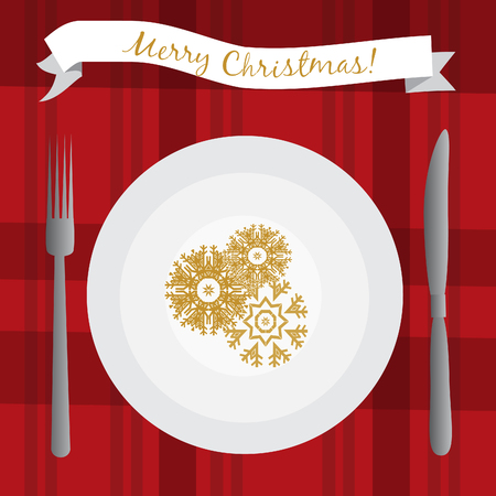 Illustration with white plate on the table. Christmas dinner table.の写真素材