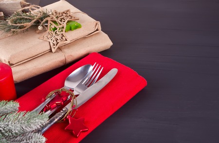 Christmas table setting with christmas decorations. Christmas background.の写真素材