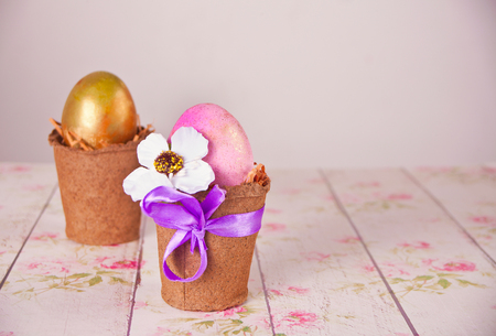 Easter eggs on the tableの写真素材