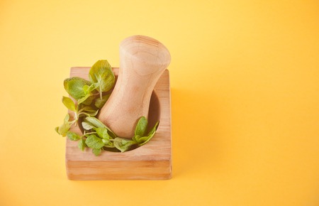 Fresh mint, wooden mortar and pestle on the yellow backgroundの写真素材