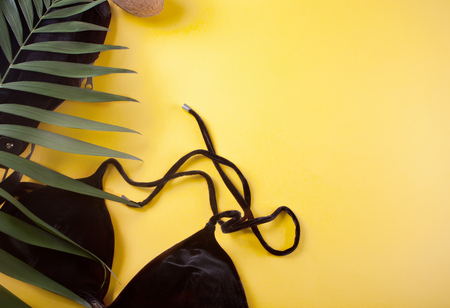 Bikini black velvet swimsuit, tropical palm leaves on yellow background. Top view. Copy space.の写真素材