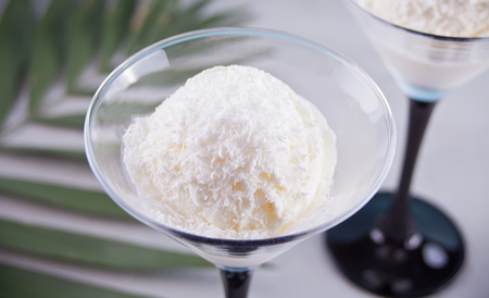 Coconut ice cream in a bowls on the gray background with palm leafの写真素材