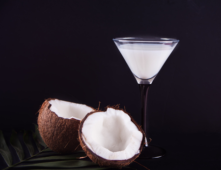 Pina Colada tropical cocktail with palm leaf and coconut on the black backgroundの写真素材