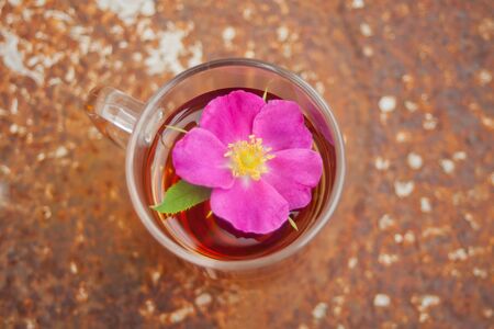 Cup of tea with flowers of dog-rose rosehip on the rusty background. Top view.の写真素材