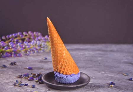 Waffle cone with purple lilac ice cream on the dark gray background decorating lupinsの写真素材
