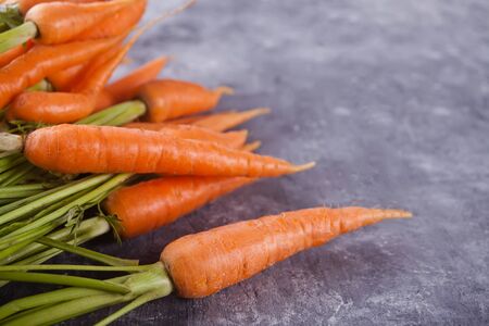 Young mini carrot in row over concreate background. Flat lay, space. Cooking concept, food background. Copy space.の写真素材