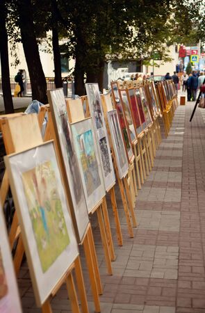 Ufa, Russia - September 1, 2019 Exhibition of paintings at the city festival.のeditorial素材