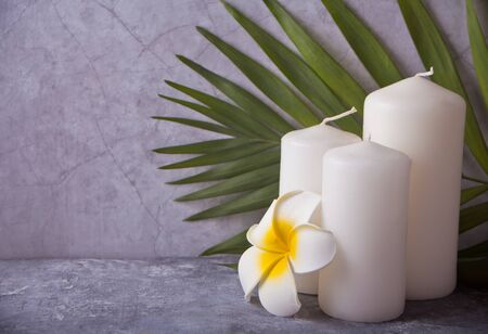 Three white candles, plumeria tropical flower and palm leaf on the gray background. Spa therapy concept. Copy space.の写真素材