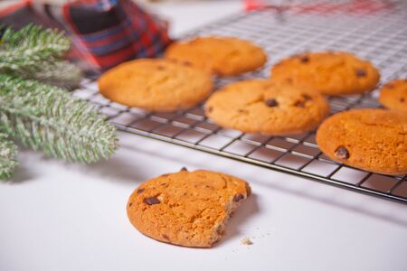 Homemade cookies, pine branch on the white background.