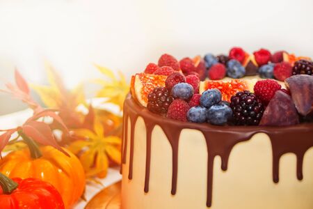 Close up cake with chocolate smudges, decorated berries and fruits with autumn leaves on the background.の写真素材