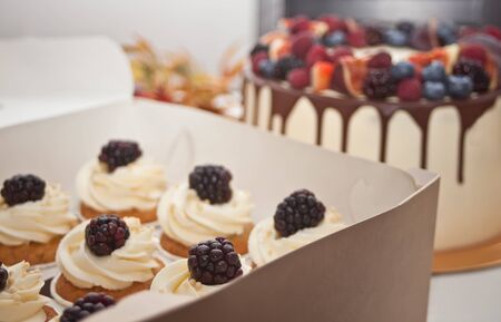 Close up cupcakes with white icing and blackberry in a paper box and cake with berries on the background.の写真素材