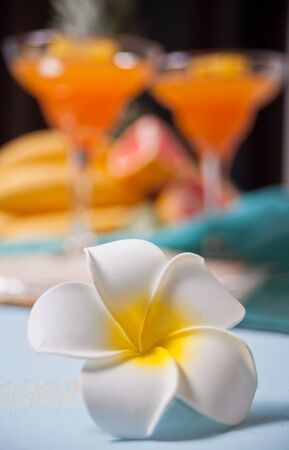 Plumeria frangipani flower and glasses of tropical exotic multifruit juice cocktail drink on the background. Tripical beach picnic conceptの写真素材