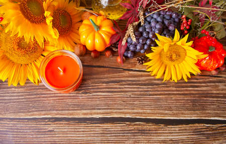 Greeting autumn card with copy space. Composition with pumpkin, autumn leaves, grape, sunflower,...