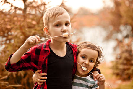 Teen boy and girl kid eating roasted marshmalloy outdoor in a camp. Travel, hike, vacation, camping concept.の写真素材