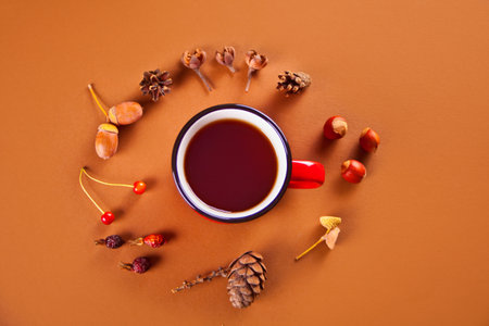 Autumn composition with mug of tea, dry leaves, cones, acorns, berries, nuts.の写真素材